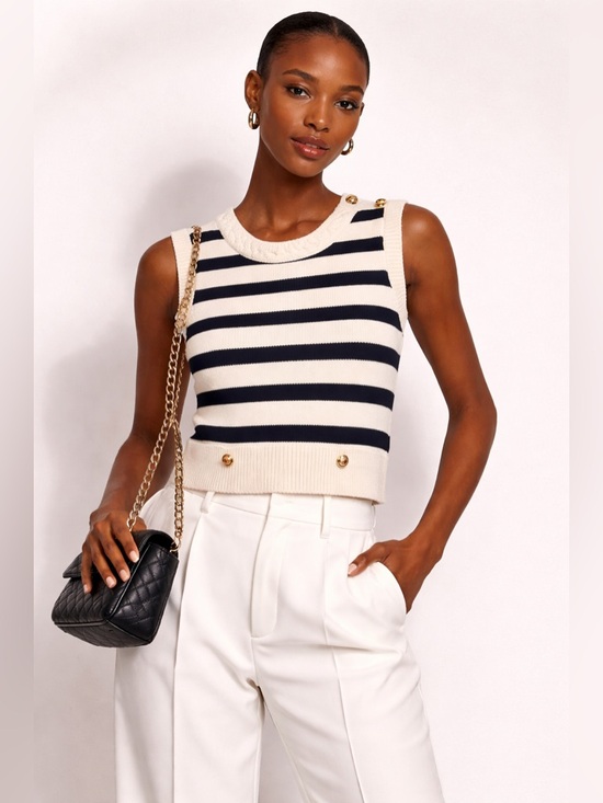 Frame Denim Tops - FRAME Harbor Striped Knit Vest Cream Navy Gold Button Nautical Coastal Chic S